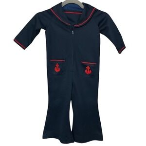 Vintage Homemade Marine Sailor Collared Zip Front Romper Onesie Size 2T SEE NOTE